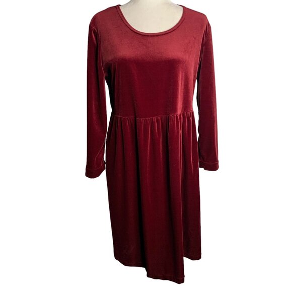 Vintage 90s Kathie Lee Velvet Dress 10 Maroon Red Long Sleeve Elastic Waist - Picture 1 of 6